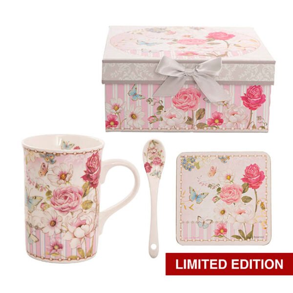 Butterfly Rose Mug Spoon Coaster Gift Set Soft Pink